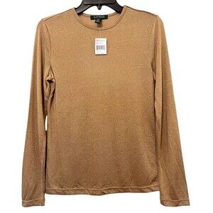 LAUREN RALPH LAUREN LRL Gold Metallic Sparkle Long Sleeve Top Blouse Small NEW